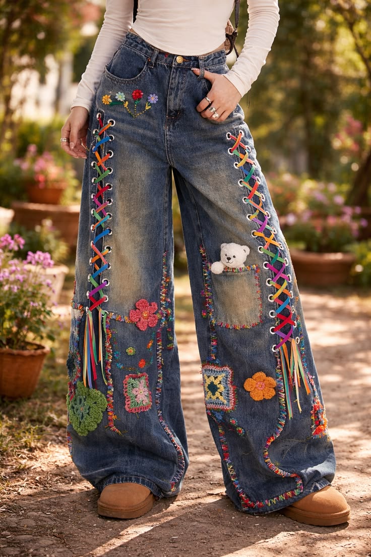 Colorful patchwork wide-leg jeans