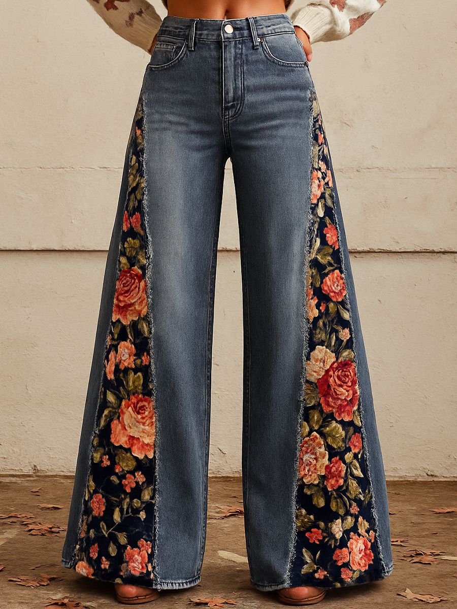 Floral Panel Patchwork Wide Leg Jeans