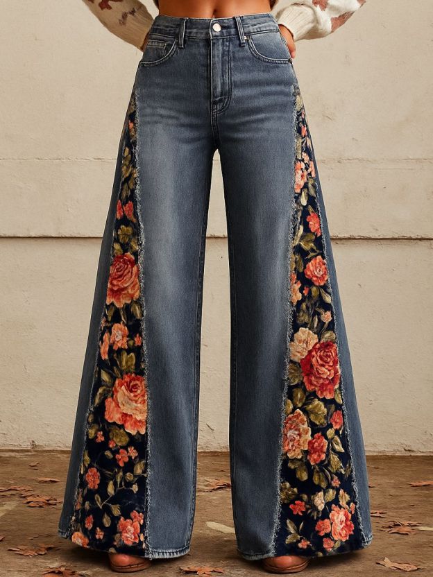 Floral Panel Patchwork Wide Leg Jeans