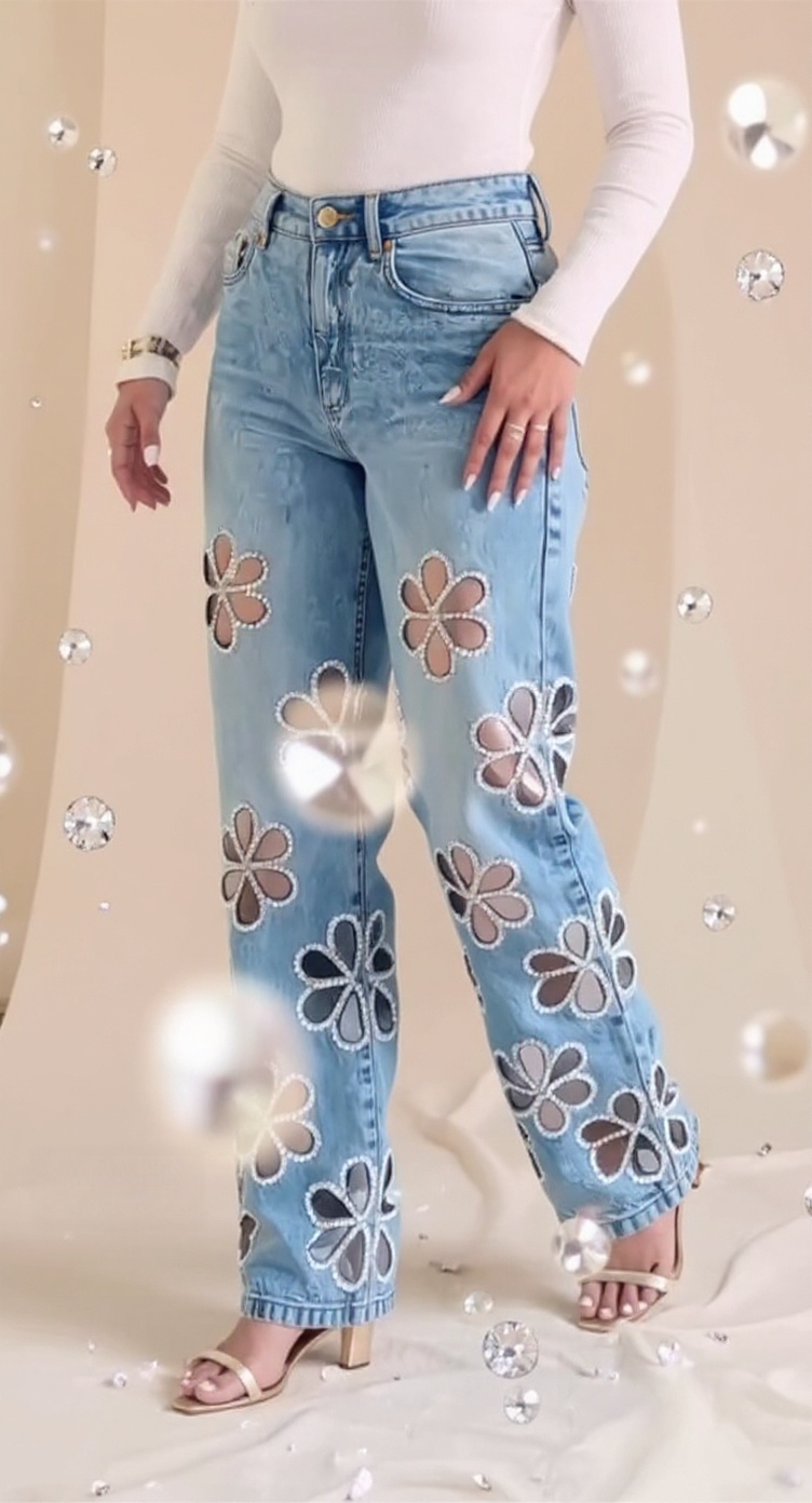 Cutout Floral Rhinestone Wide Leg Jeans