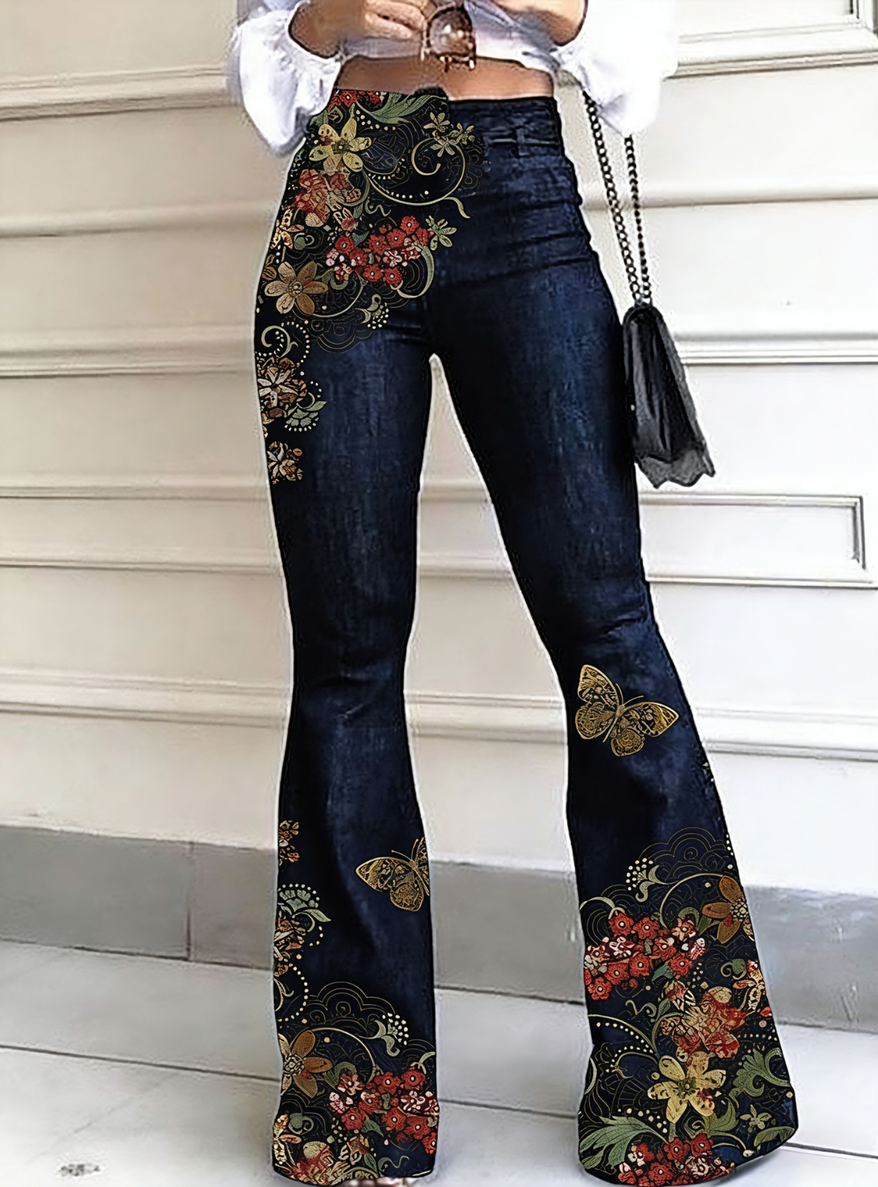Vintage Floral Butterfly Printed Flare Jeans