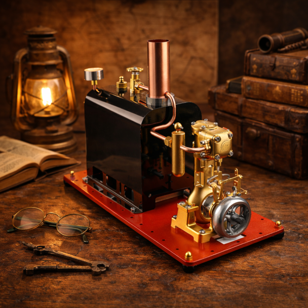 RW-BL1K Mini Reversible Live Steam Engine Kit with Boiler – DIY Working Brass Reciprocating Steam Engine Model with Stephenson Valve Gear for STEM Education & Mechanical Collectors