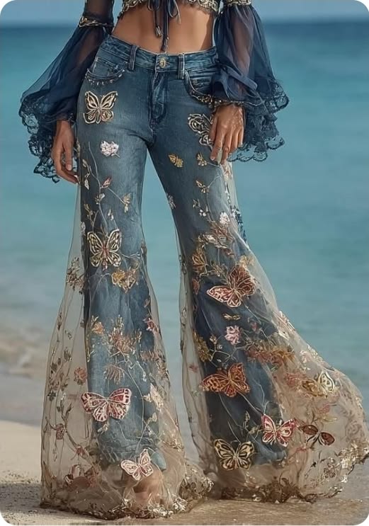 Butterfly Embroidered Mesh Flare Jeans