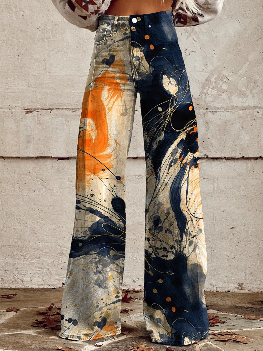 Abstract Paint‑Splash Wide Leg Jeans