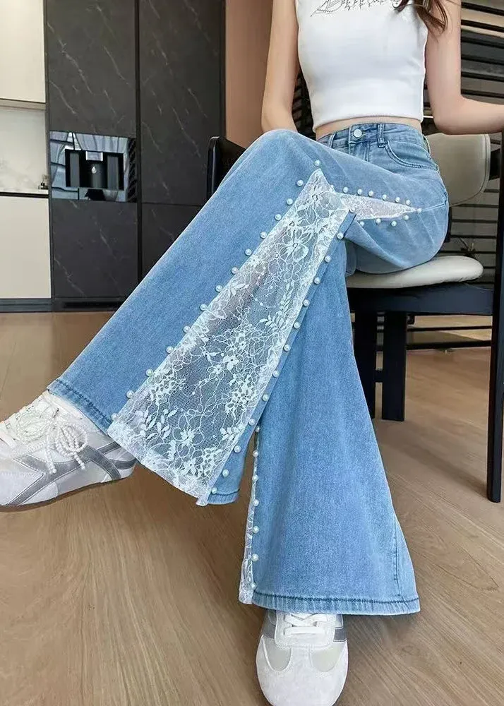 Lace‑Trim Pearl Wide Leg Jeans