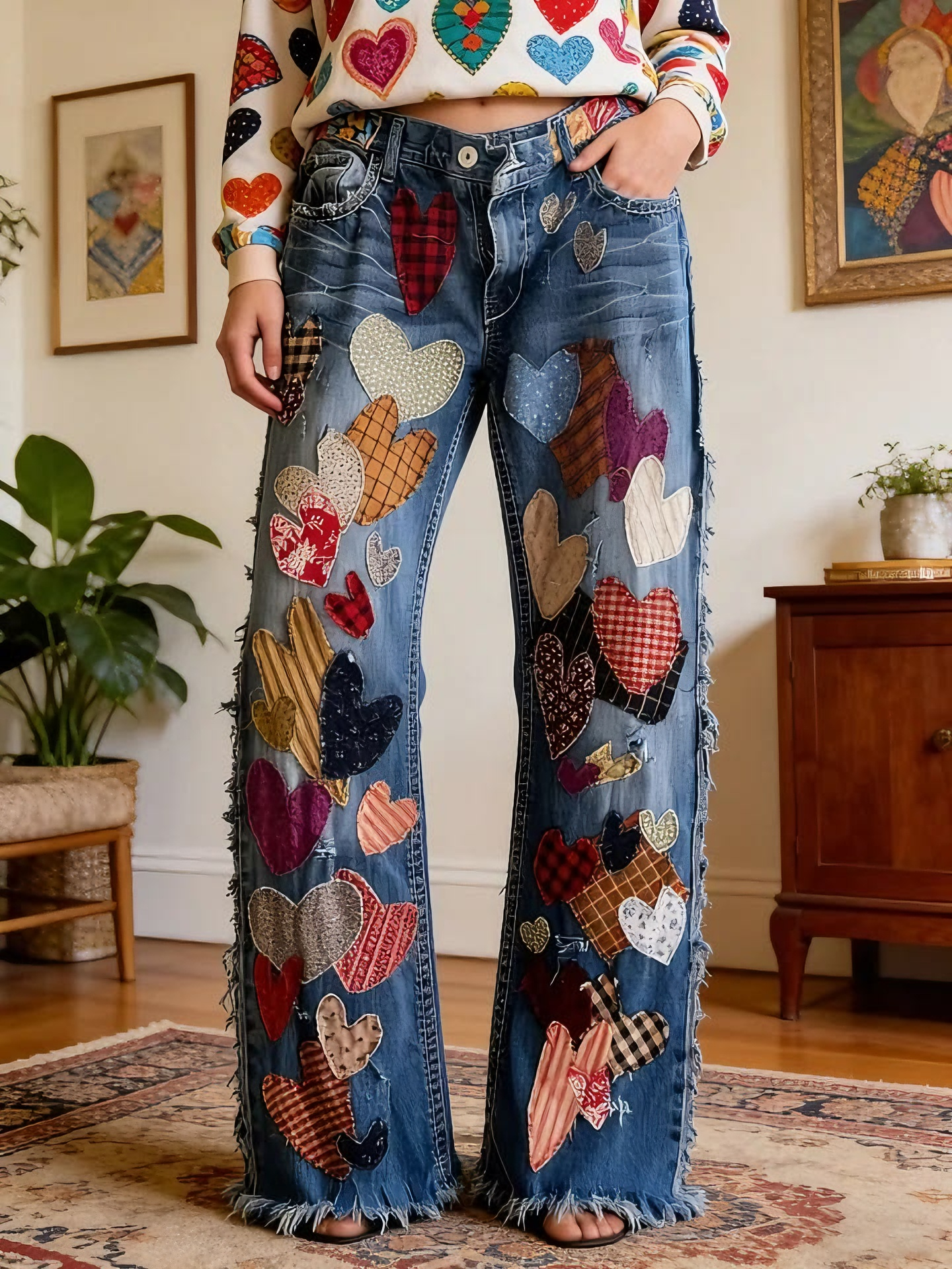 Colorful Heart Patchwork Wide Leg Jeans