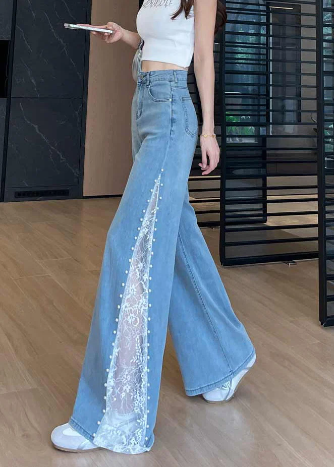 Lace‑Trim Pearl Wide Leg Jeans