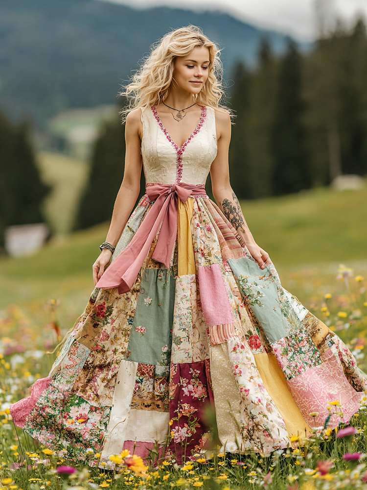 Women's Vintage Floral Art V Neck Comfy Maxi Dress