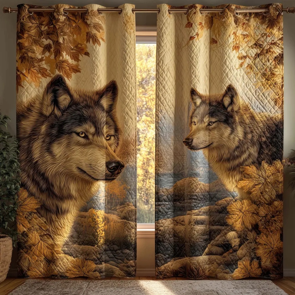 Autumn Wolves & Maple Leaves Embroidered Knitwear Quilted Curtains