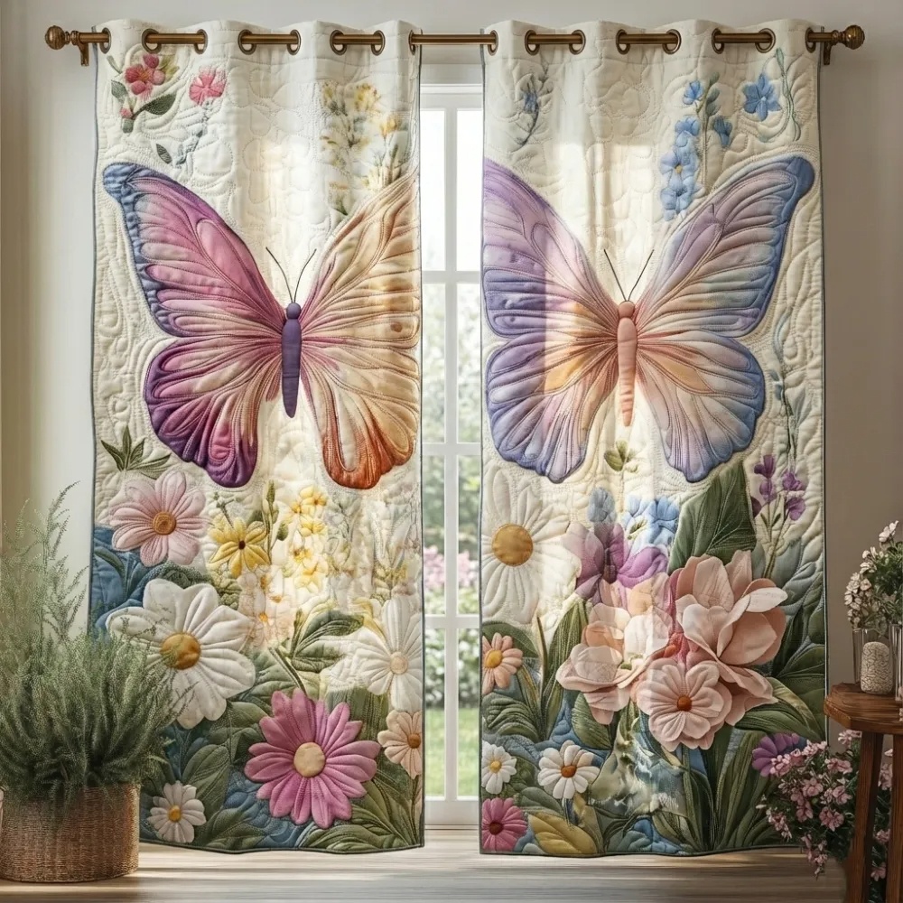 Pastel Butterfly & Wildflower Garden Embroidered Knitwear Quilted Curtains
