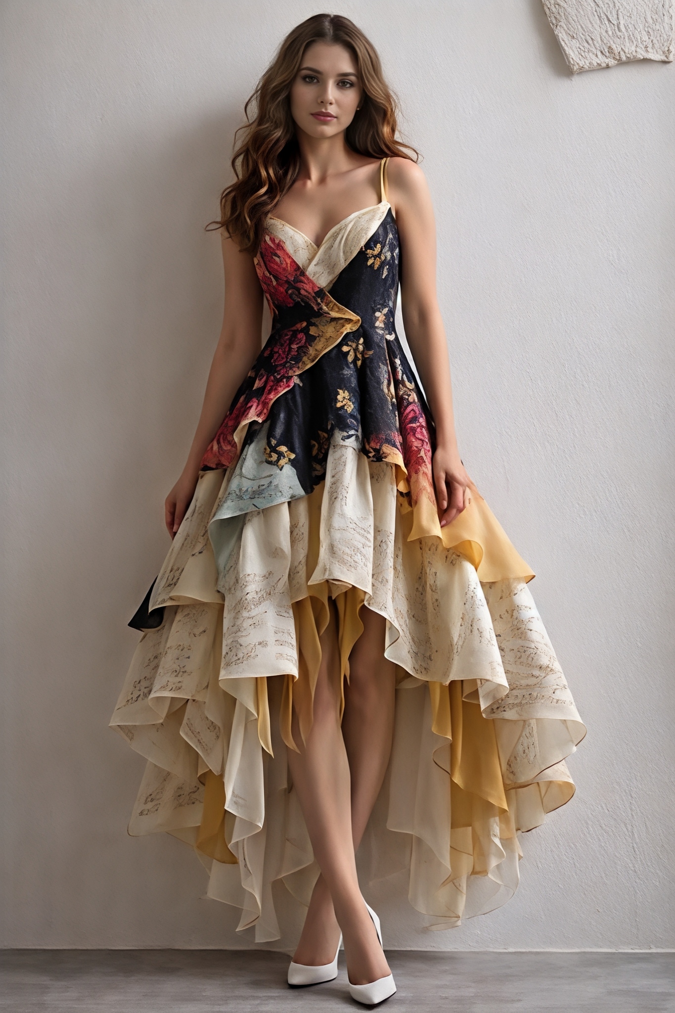 Floral Bodice Layered Ruffle High‑Low Dress