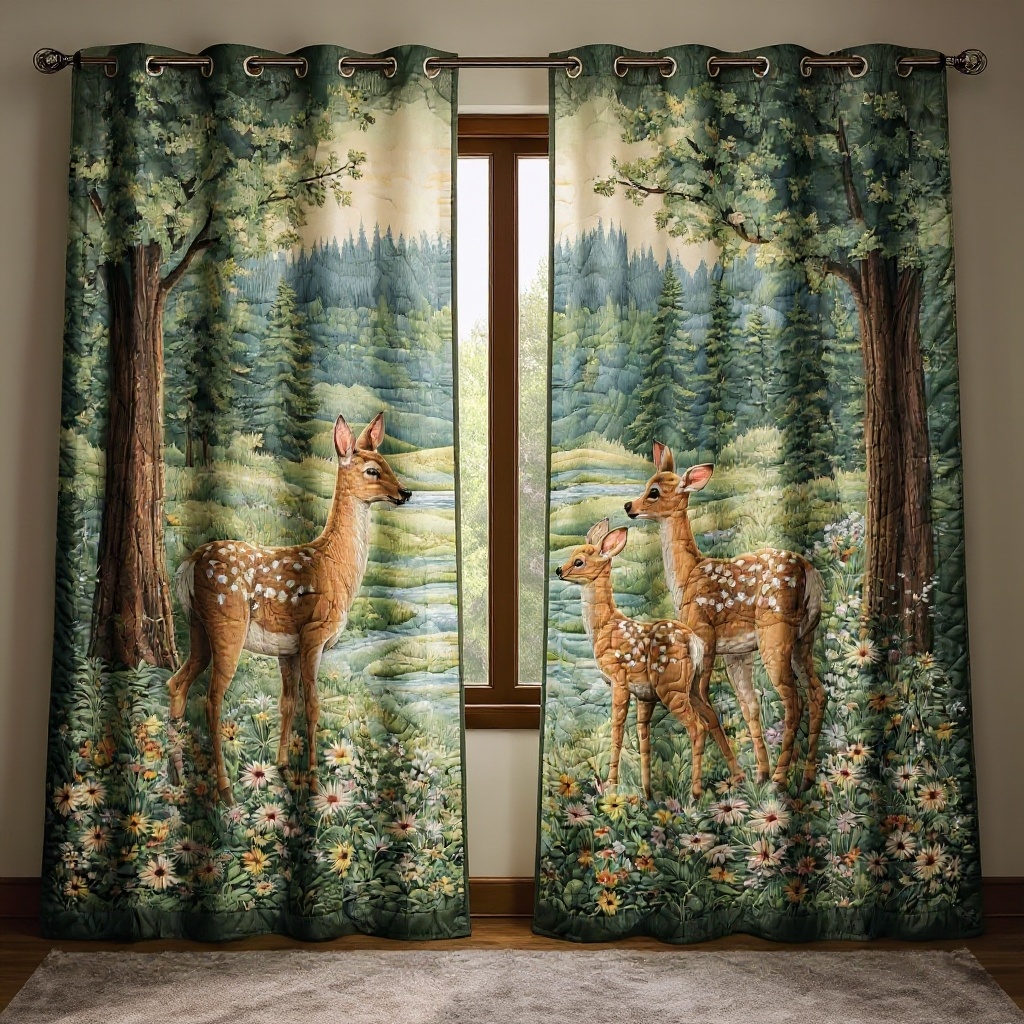 Woodland Deer & Fawn in Forest Embroidered Knitwear Quilted Curtains