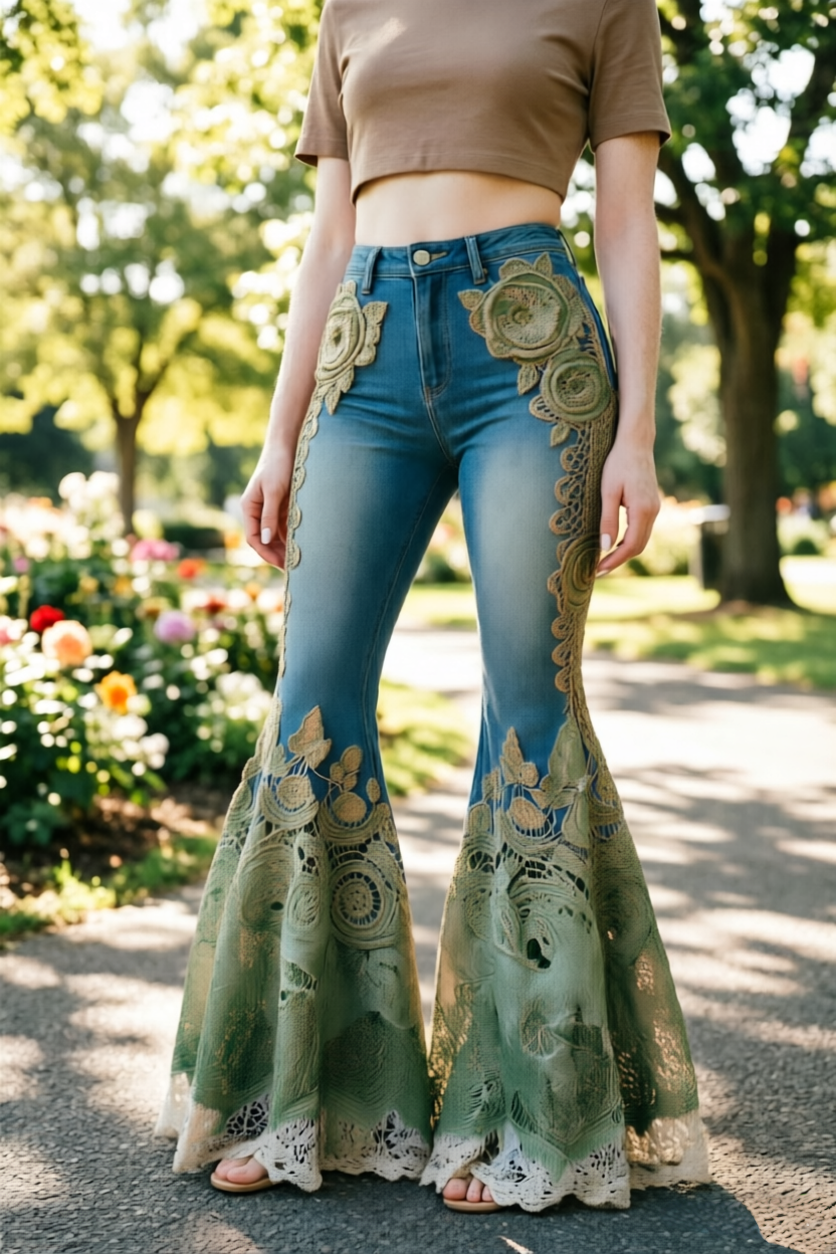 Romantic Lace‑Panel Denim Flare Pants