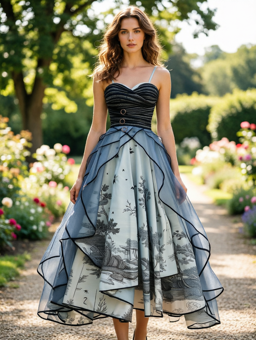 Landscape Print Layered Mesh Dress
