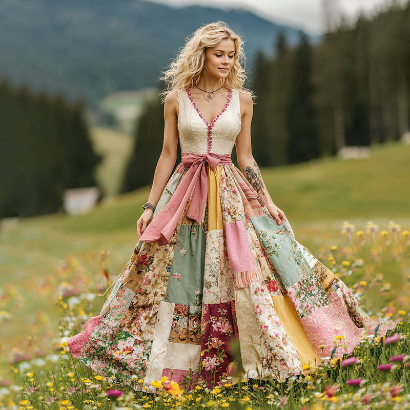 Women's Vintage Floral Art V Neck Comfy Maxi Dress