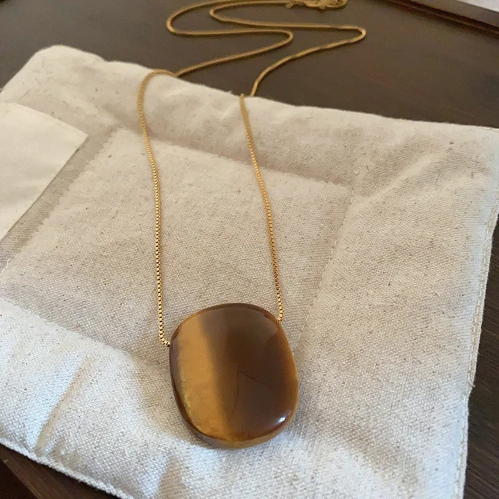 Vintage ovális tigrisszem köves hosszú medál nyaklánc