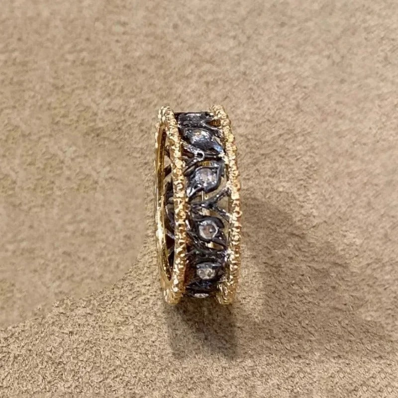 Vintage arany és fekete faragott levél üreges állítható gyűrű