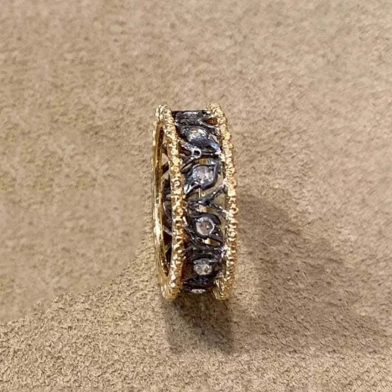 Vintage arany és fekete faragott levél üreges állítható gyűrű