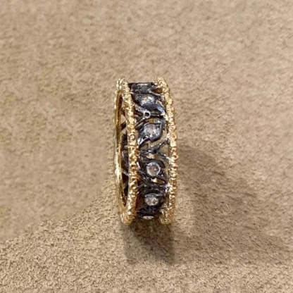 Vintage arany és fekete faragott levél üreges állítható gyűrű