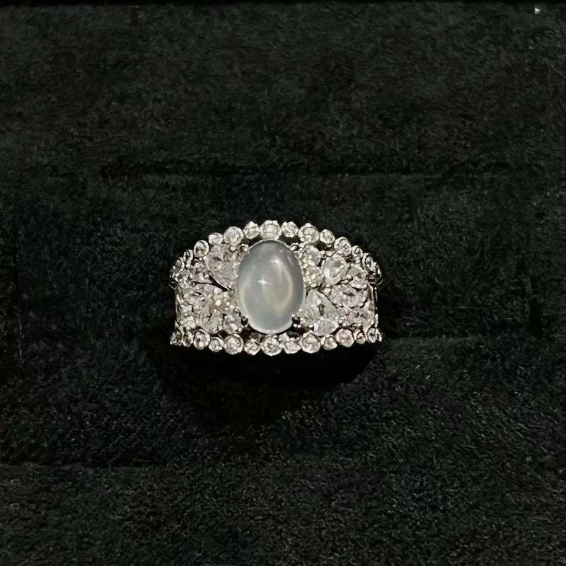 Classic Vintage Silver Moonstone Halo Ring