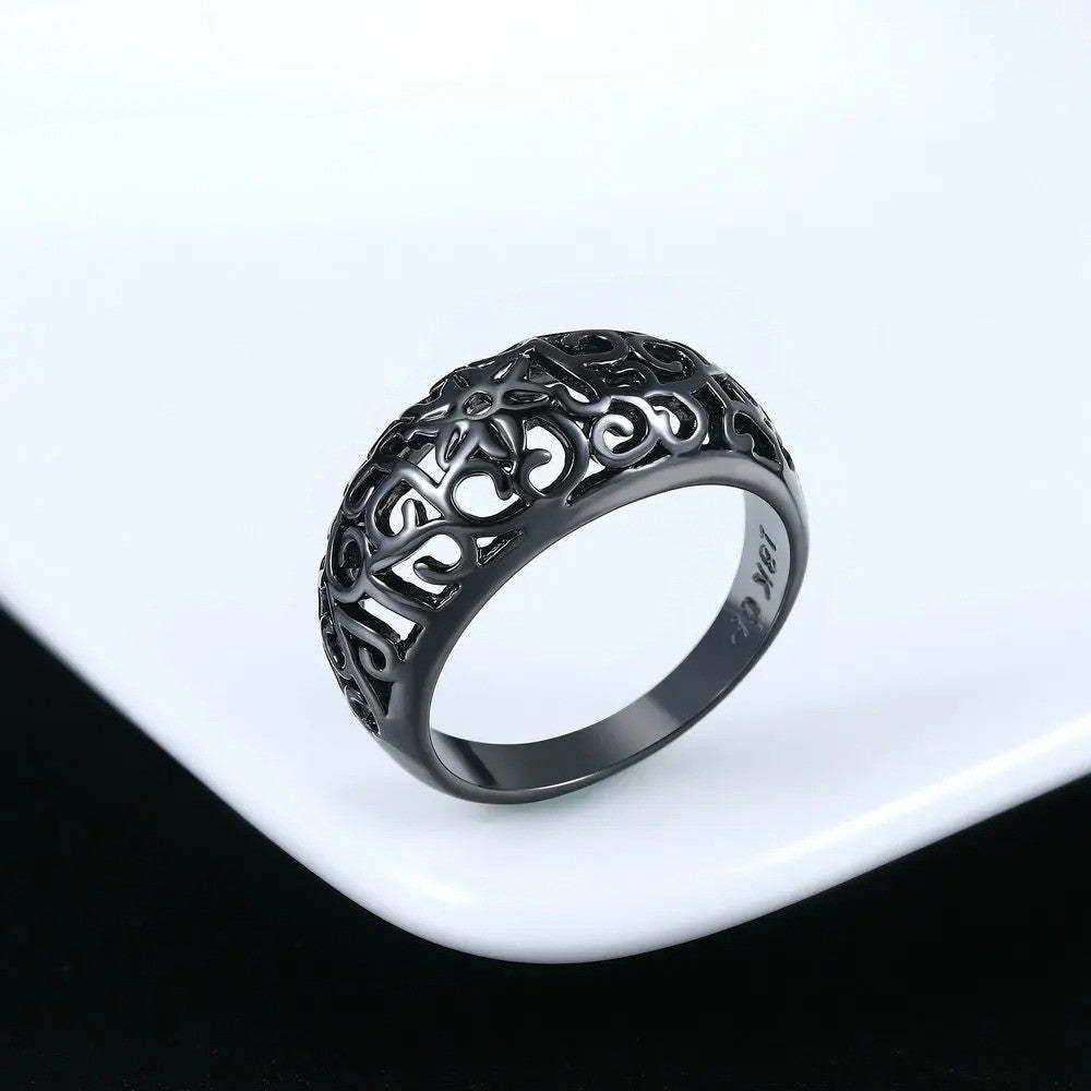 Vintage fekete virágos kivágásos mintás gyűrű