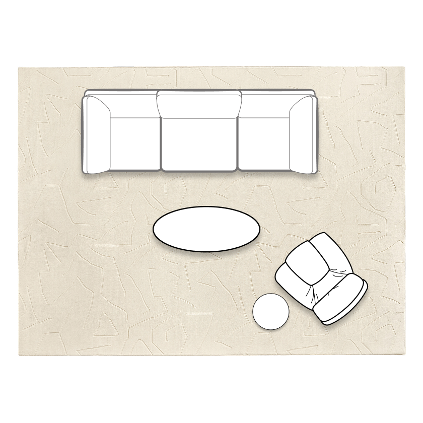 Small living room layout diagram featuring a three-cushion Milo linear sofa, an oval coffee table, an accent chair, and a round side table on an area rug 