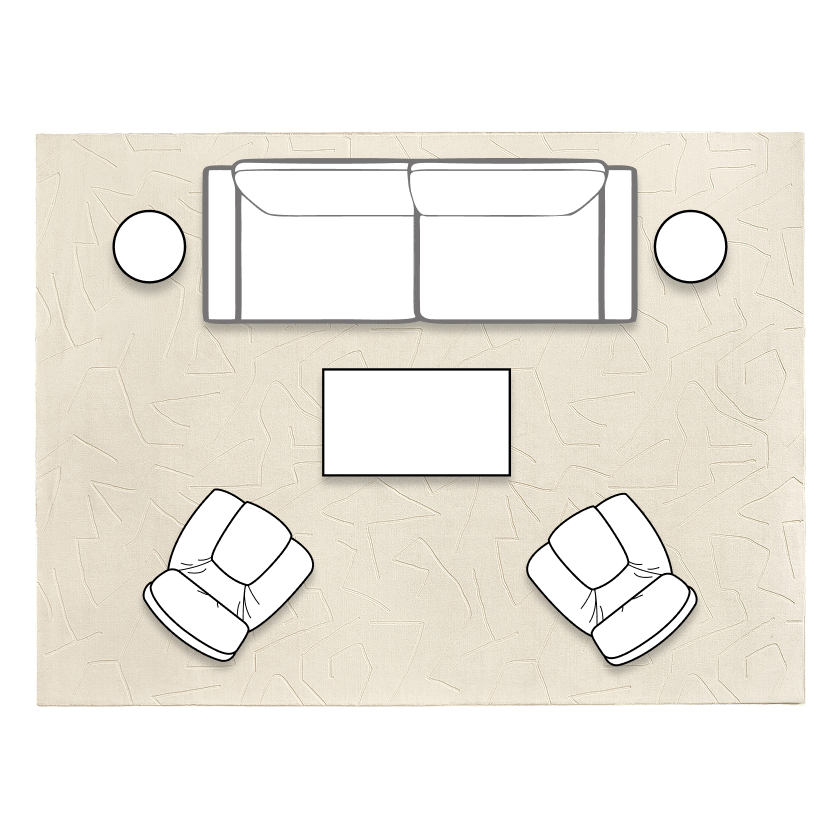Small living room layout diagram featuring a two-cushion Curvia sofa with two round side tables, a rectangular coffee table, and two accent chairs on an area rug