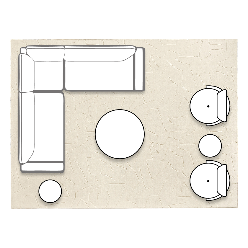 Large space living room floor plan layout featuring a substantial Curvia L-shaped corner sectional sofa, round coffee table, and two swivel armchairs on an area rug.