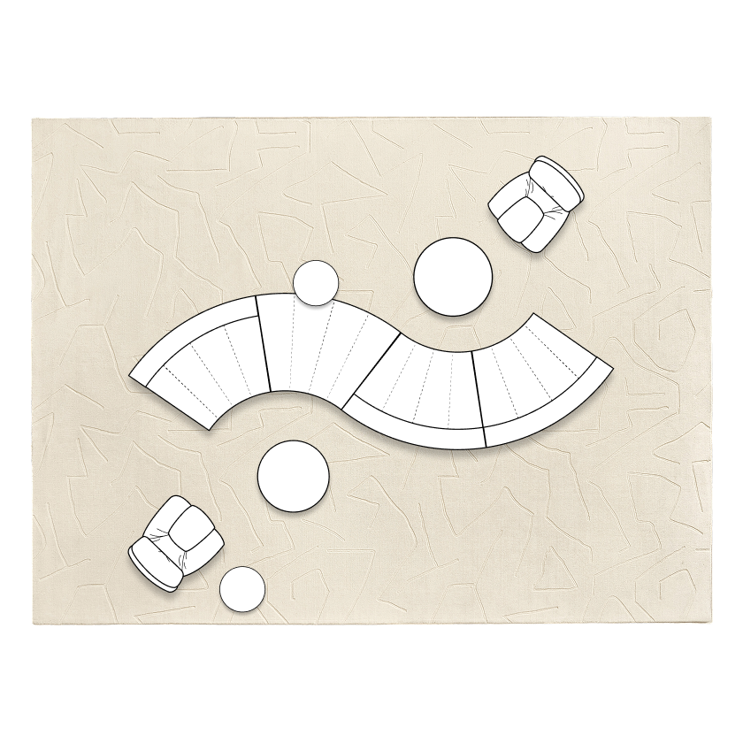 Floor plan layout for large living spaces showcasing a dramatic S-shaped curved Jocelyn sectional sofa with accent armchairs and multiple round tables.