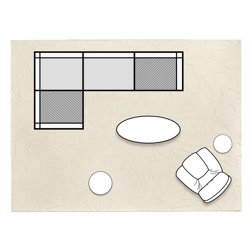 Floor plan layout for medium spaces showing an L-shaped modular Milo sectional sofa, oval coffee table, and accent seating on a neutral rug.