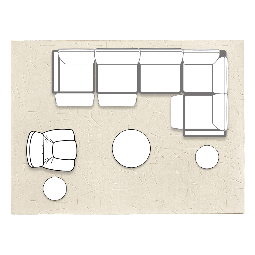 Spacious living room furniture layout diagram featuring a large Verona power-reclining sectional sofa, round coffee table, and an accent armchair.