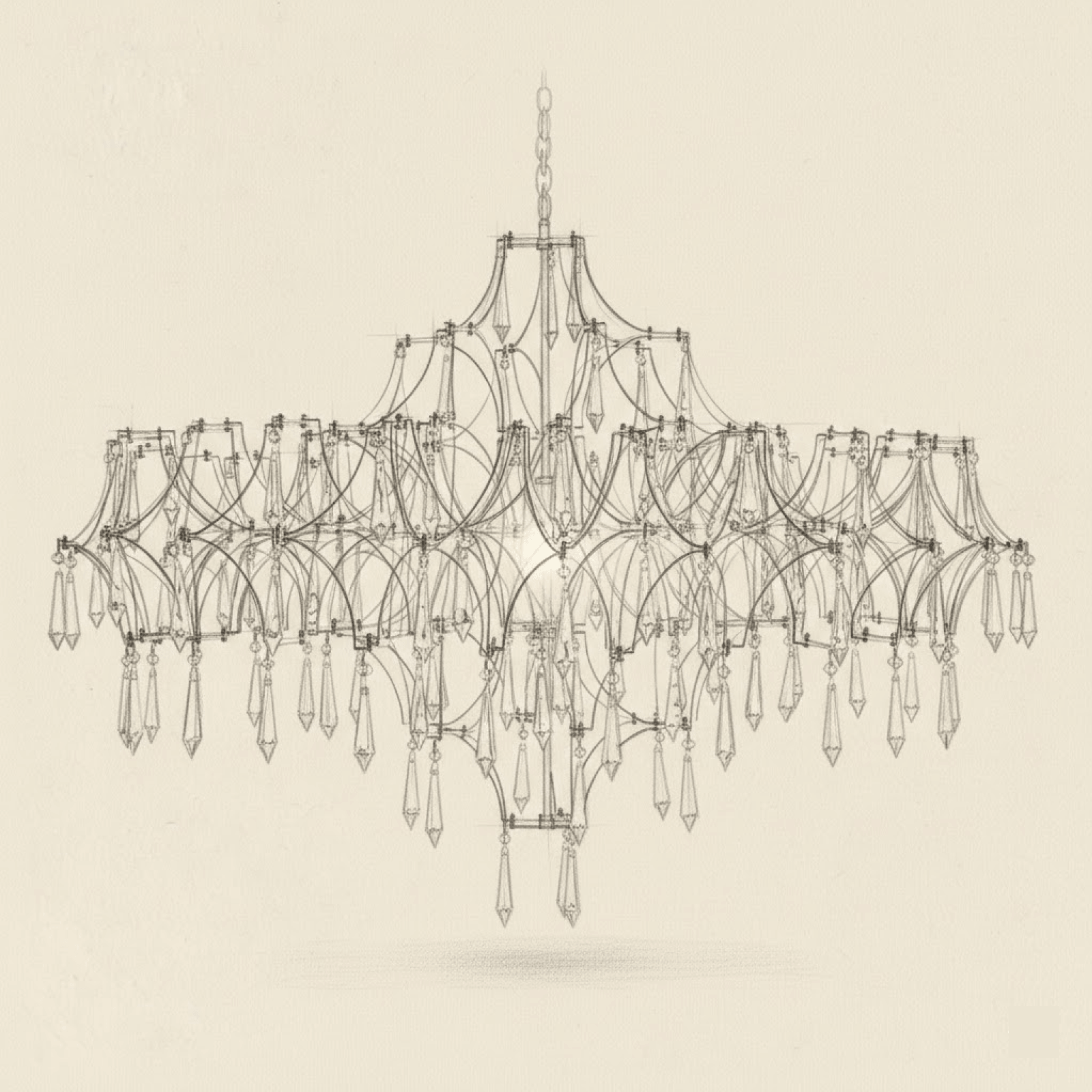 Detailed technical sketch of an ornate multi-tier crystal chandelier with cascading draped crystals.
