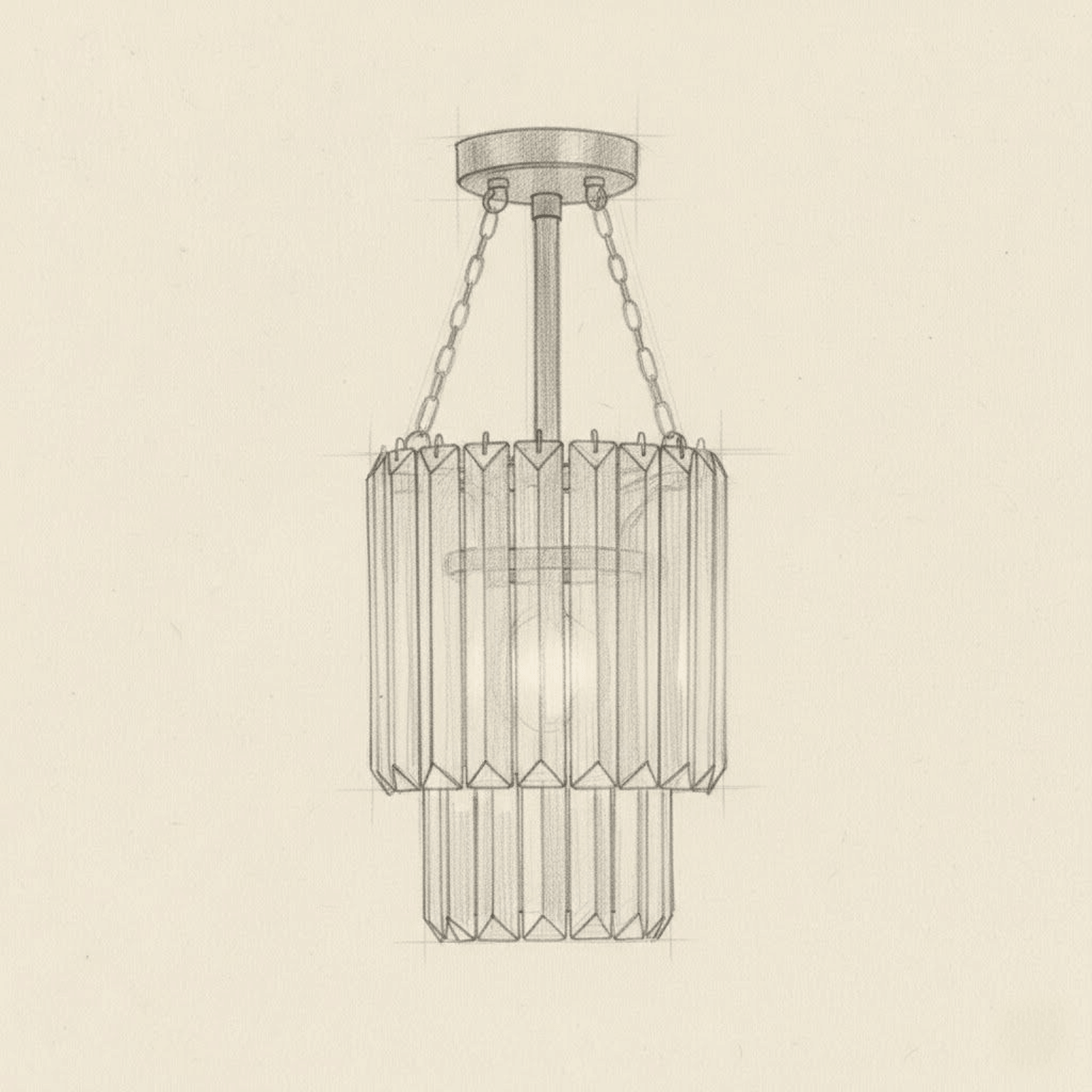 Architectural line drawing of a tiered fluted glass pendant light suspended from an adjustable chain.
