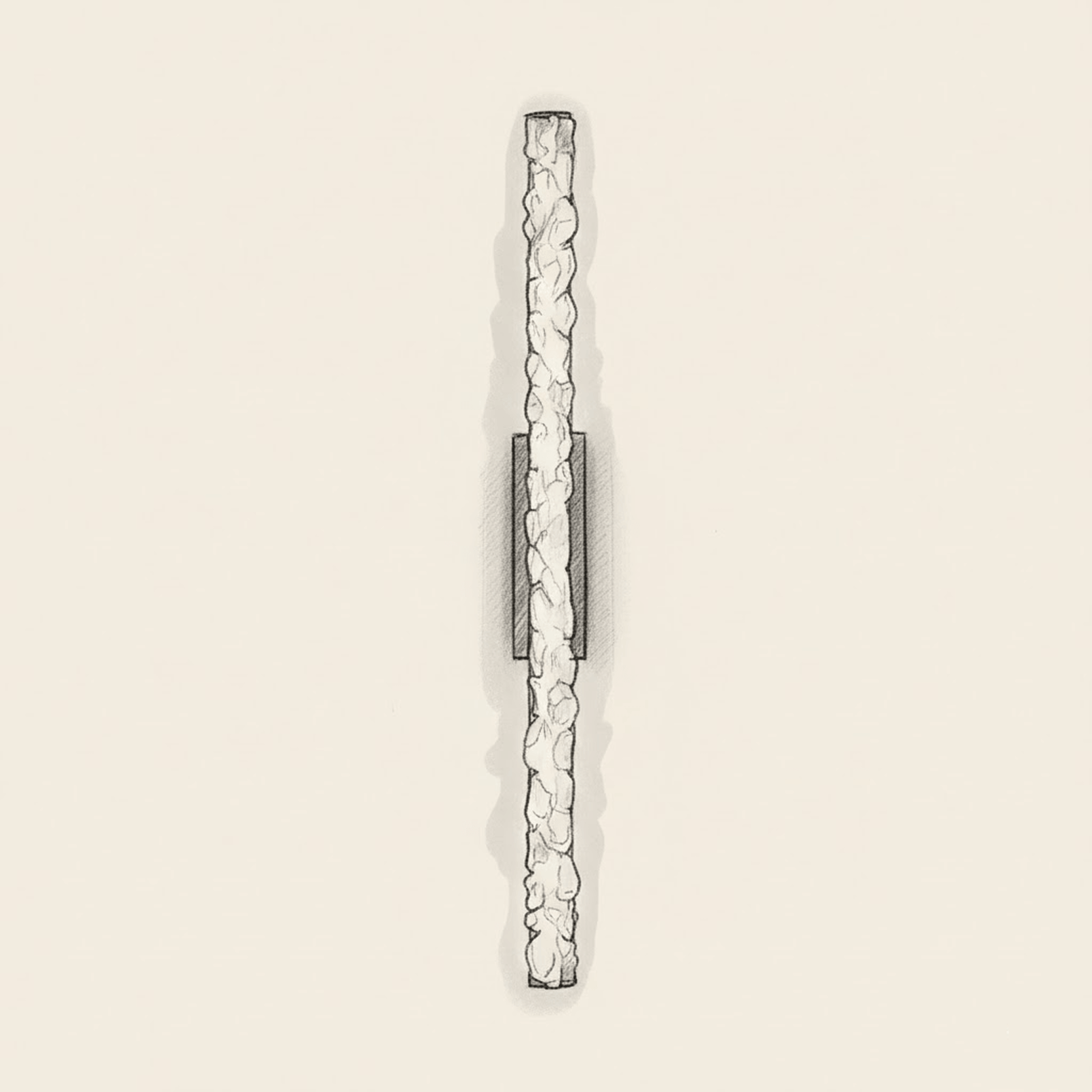 Technical elevation sketch of a slim vertical textured art glass bar electric wall sconce.
