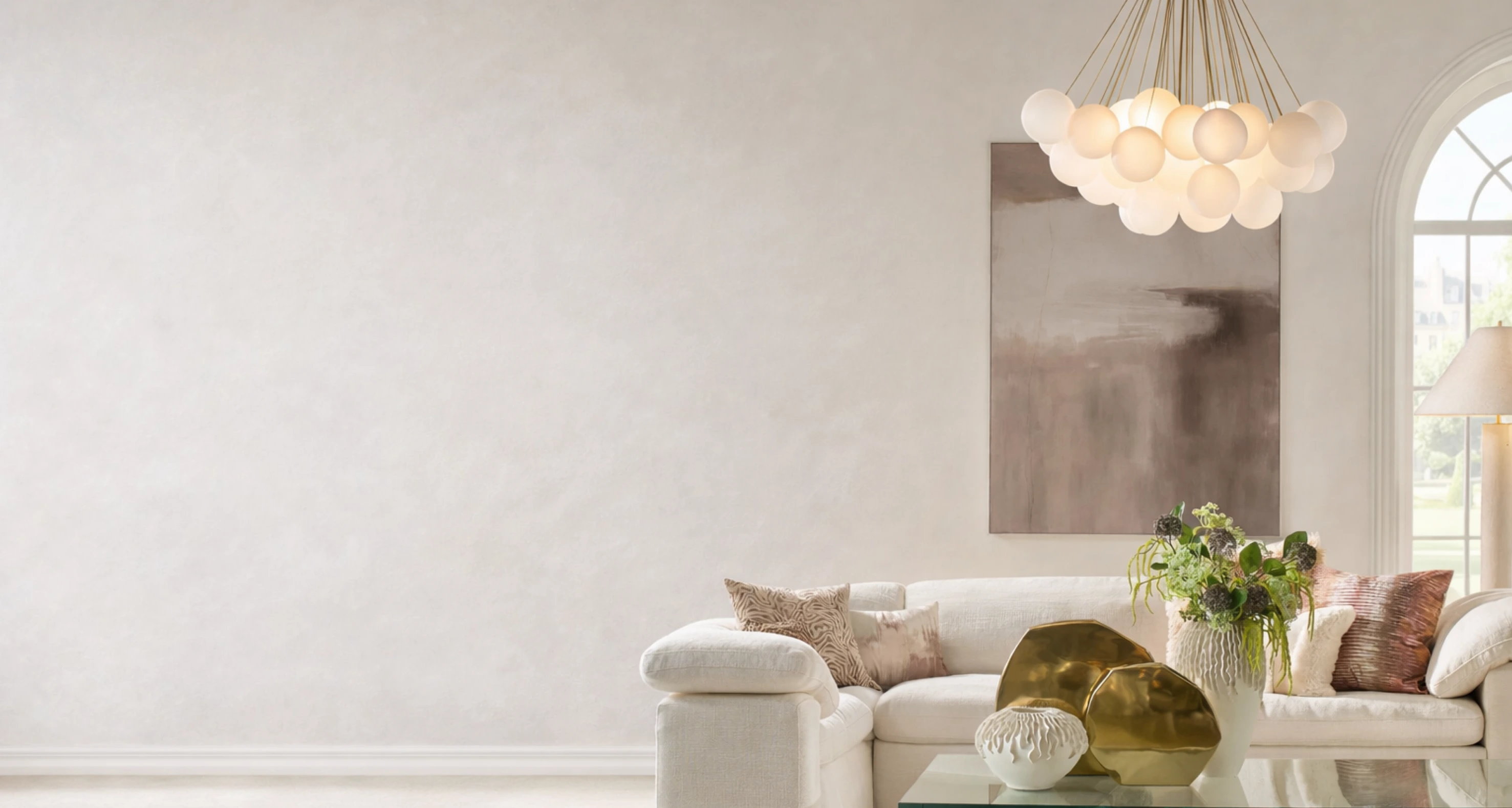 Contemporary living room featuring an illuminated frosted glass globe bubble chandelier suspended above a neutral curved sofa and metallic sculptural accents.