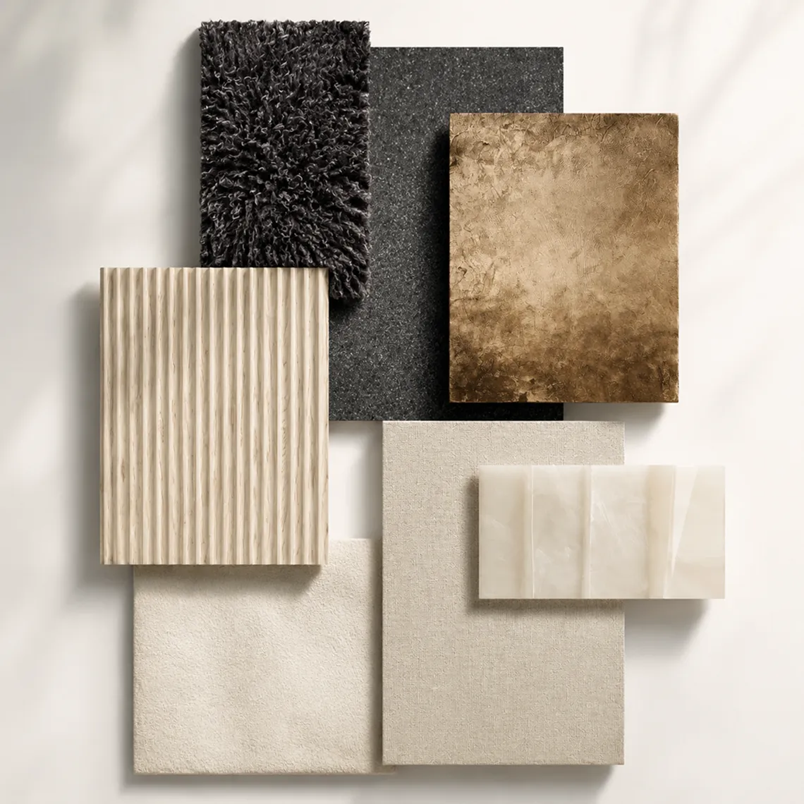 An interior design moodboard flatlay featuring material swatches including fluted light oak, dark charcoal fur, antique bronze metal, translucent onyx, and neutral linen.