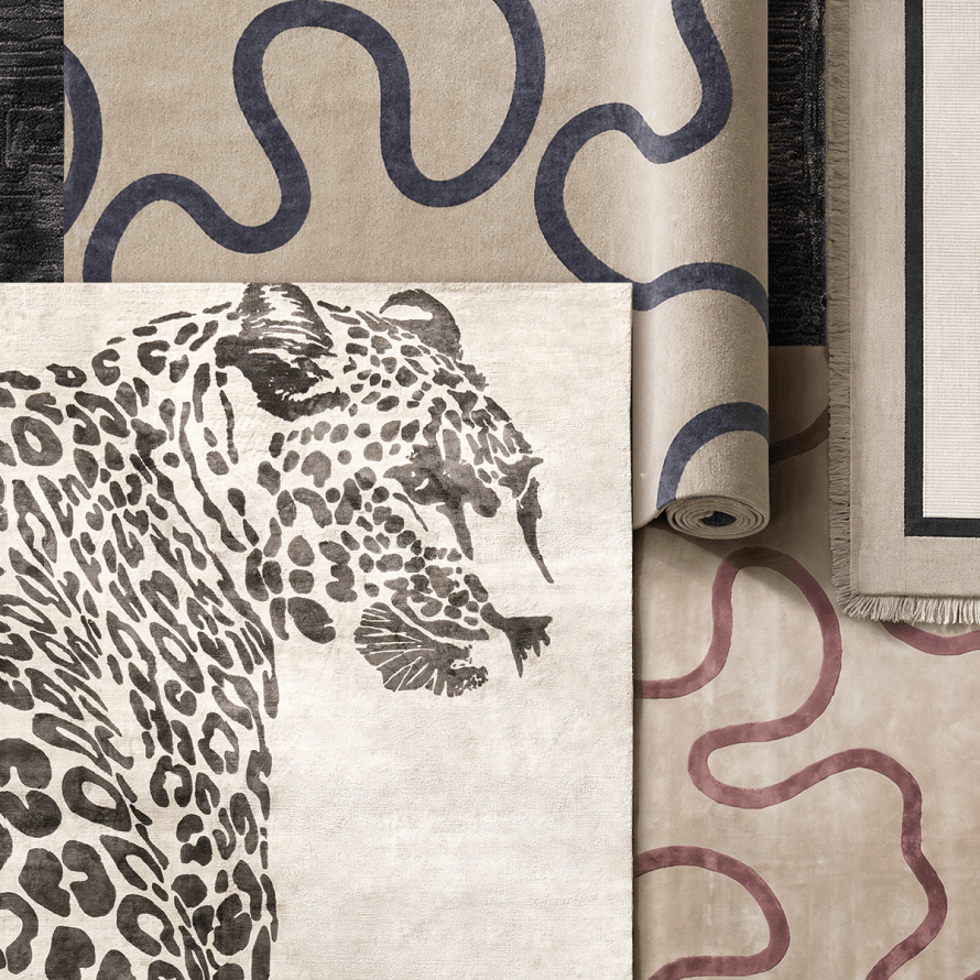 Curated rug collection display featuring a leopard print area rug, wavy line patterned runners, and neutral bordered textured rugs.