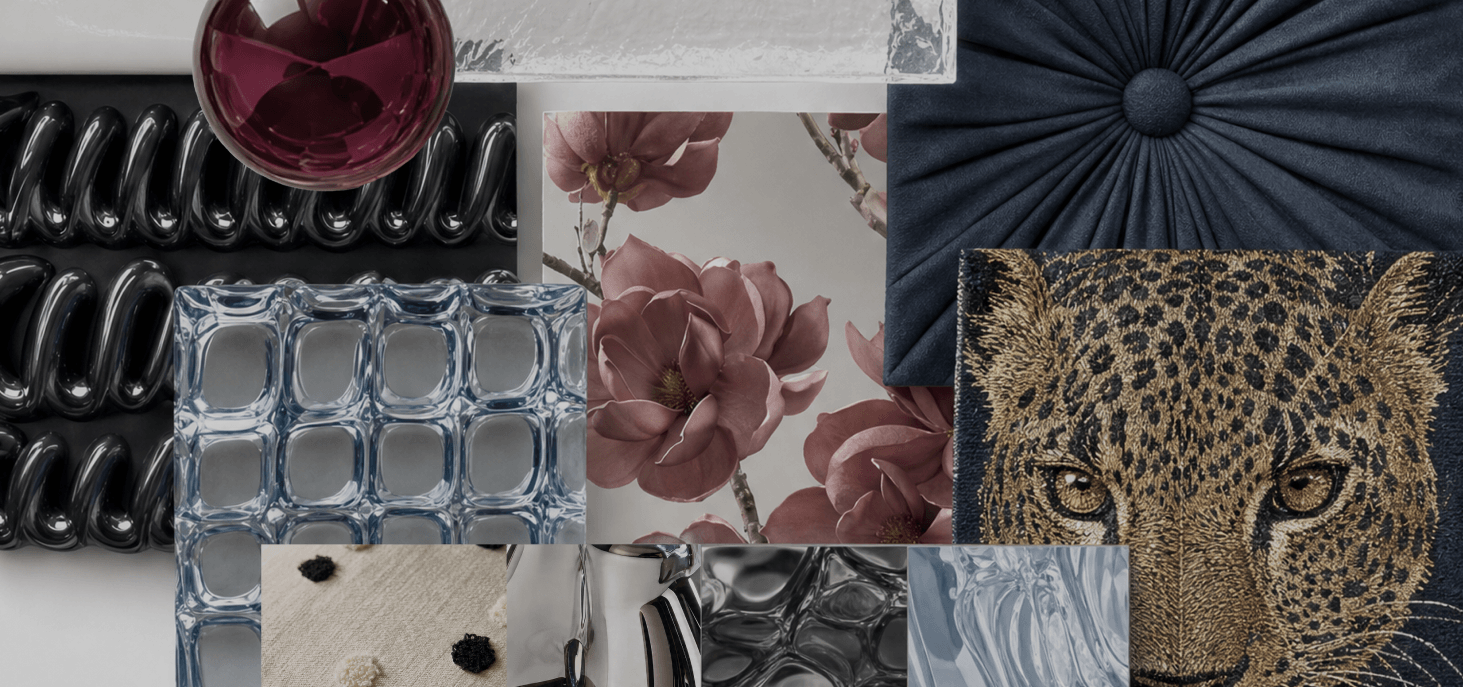 Luxury interior moodboard collage featuring glass brick textures, pink floral accents, pleated fabric, and leopard print textile.
