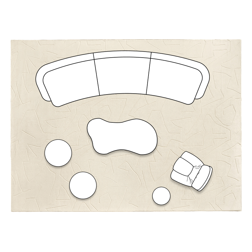 Architectural floor plan layout showing a sculptural curved Stria sofa paired with an organic coffee table and accent seating for compact living spaces.