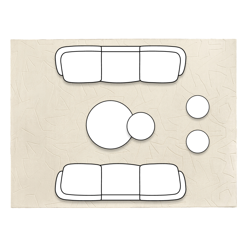 Large space living room furniture layout diagram showing two Sabrina curved sofas facing each other with nesting round coffee tables and side tables on a neutral