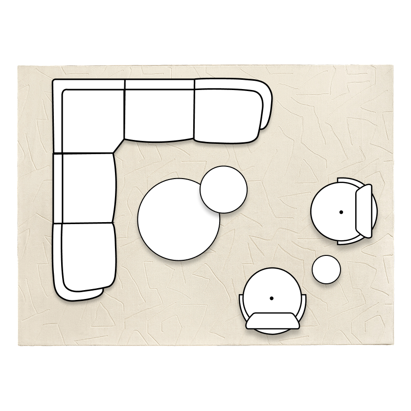 Medium living room layout diagram featuring a Sabrina L-shaped sectional, round nesting coffee tables, two accent chairs, and a small side table on an area rug