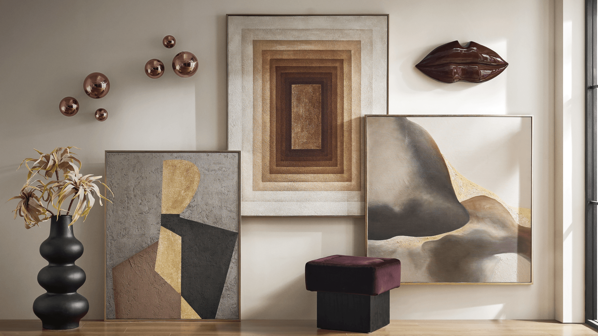 Modern art gallery wall featuring framed abstract paintings in neutral, gold, and earthy tones, glossy lips wall sculpture, metallic sphere accents, and a black stacked floor vase.