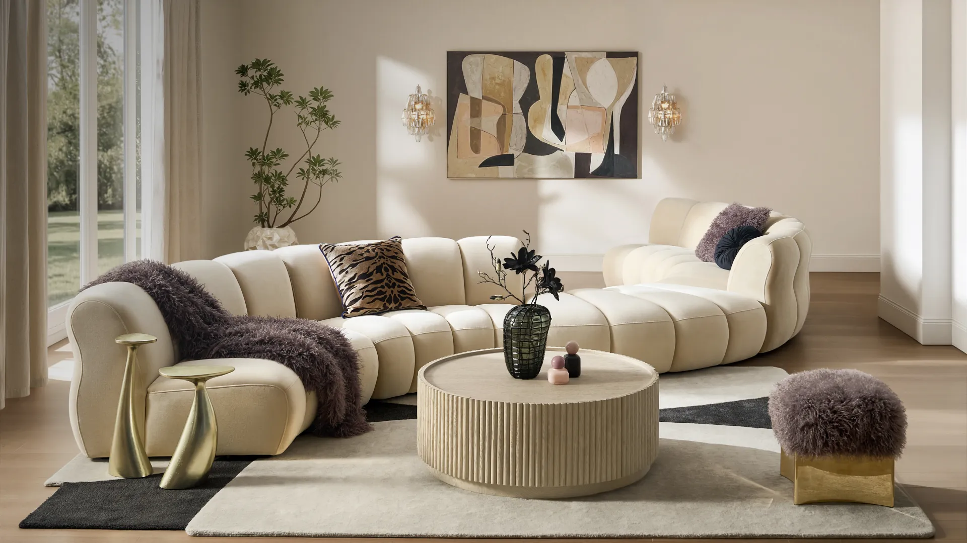 Organic modern living room featuring a curved channel-tufted cream sectional sofa, round fluted wooden coffee table, abstract art piece, and brass side tables.