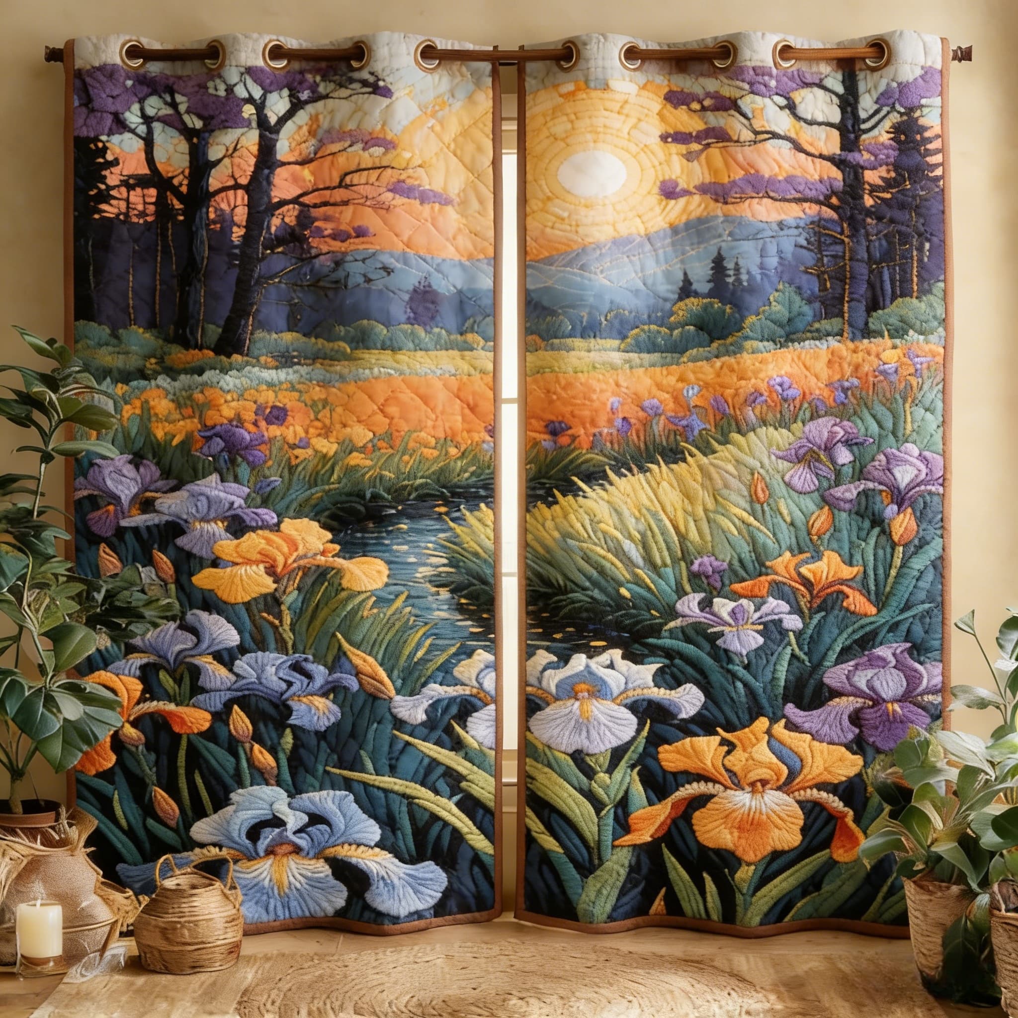 Sunset Iris Meadow & Stream Landscape Embroidered Knitwear Quilted Curtains