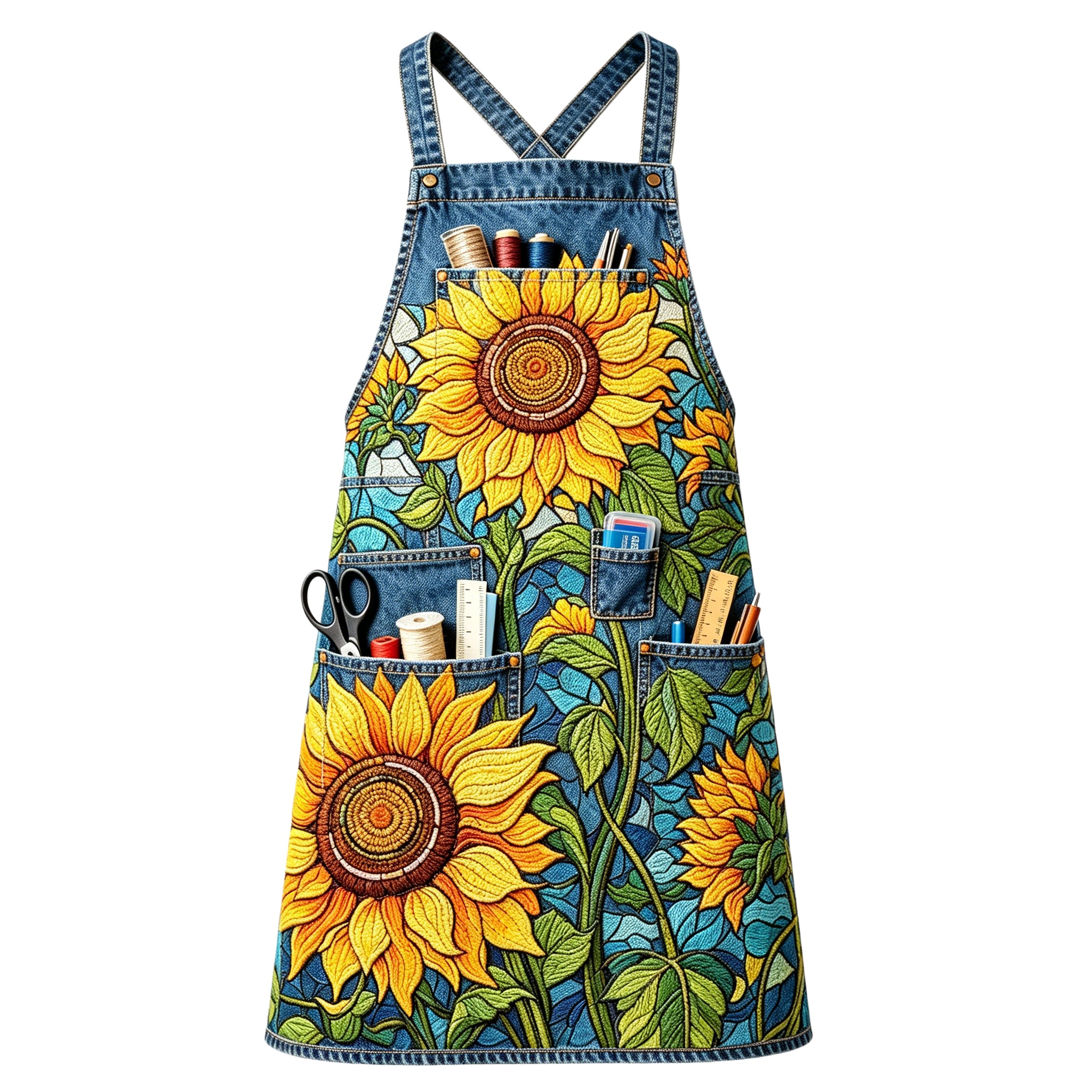 Van Gogh Inspired Sunflower Mosaic Multi-pocket Cross-back Embroidered Apron