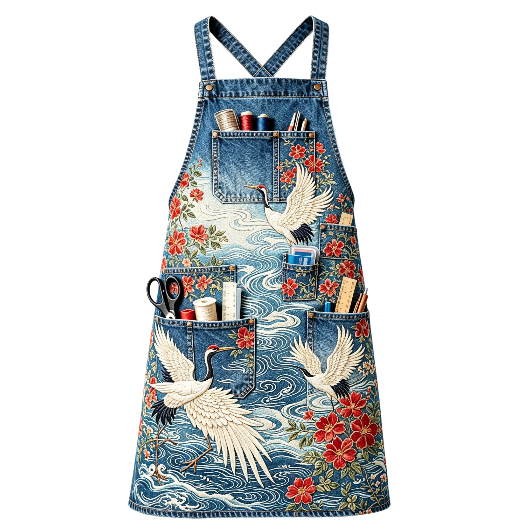 Crane & Cherry Blossom Oriental Wave Multi-pocket Cross-back Embroidered Apron