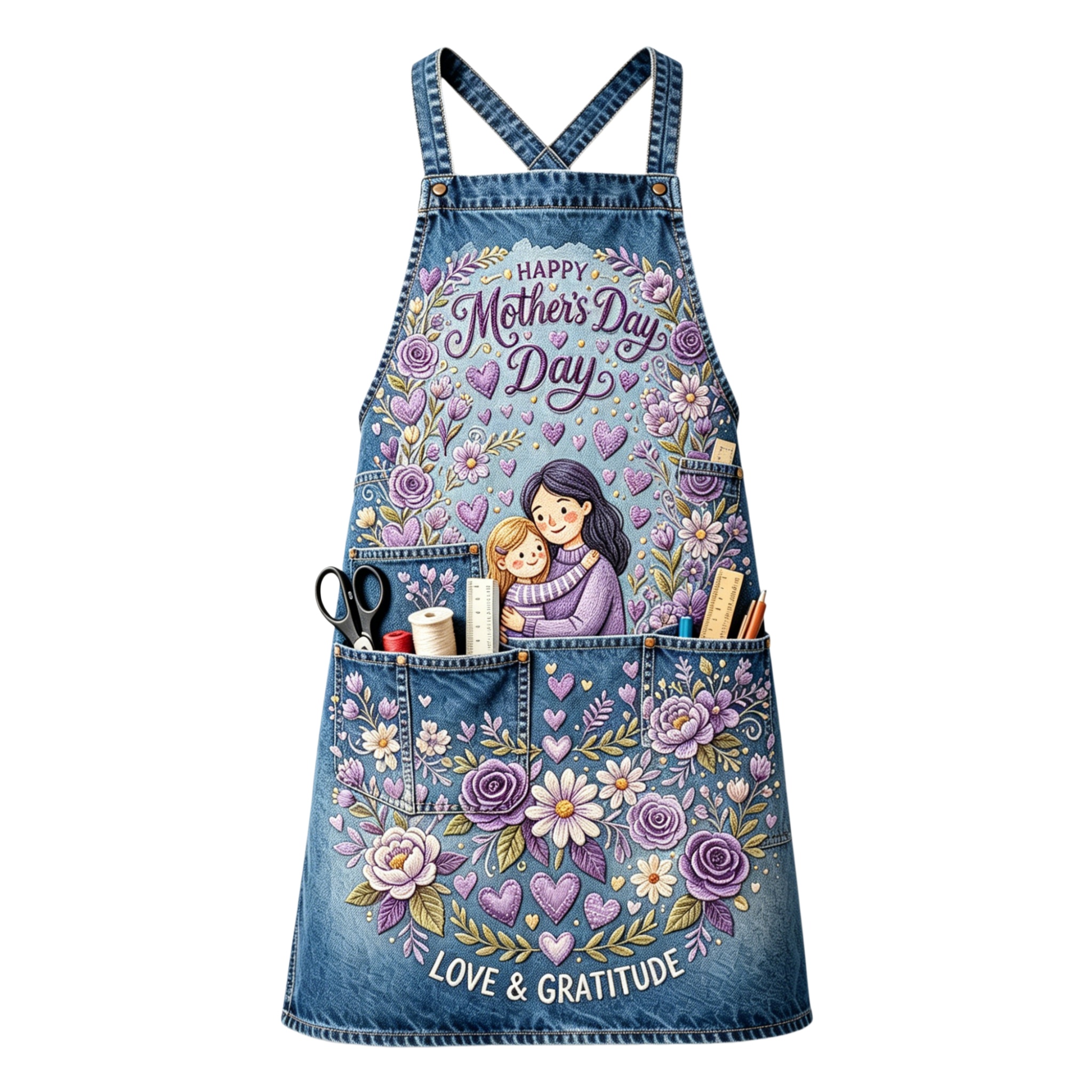 Lavender Mother & Child Floral Multi-pocket Cross-back Embroidered Apron