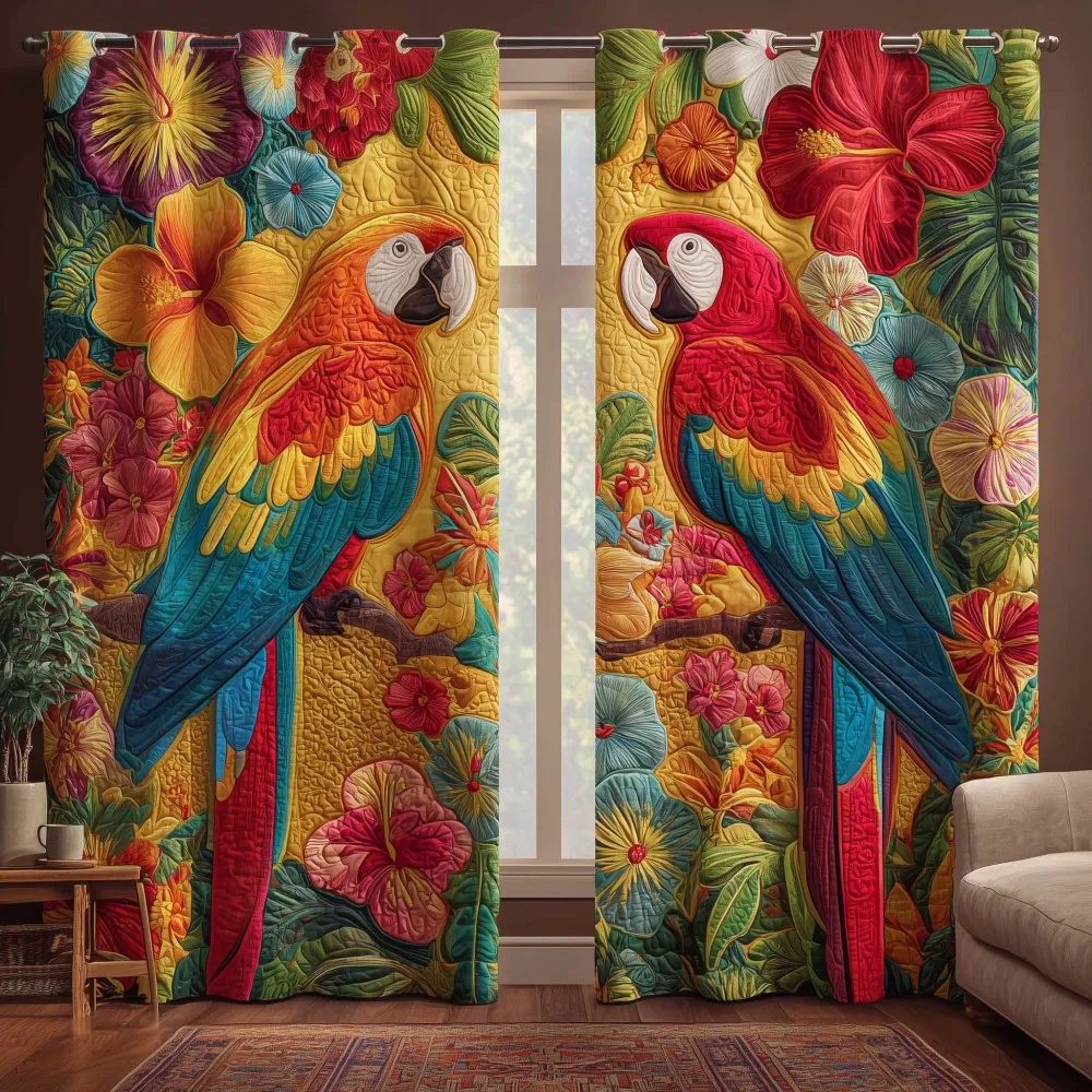 Vibrant Macaw Parrot & Tropical Floral Embroidered Knitwear Quilted Curtains