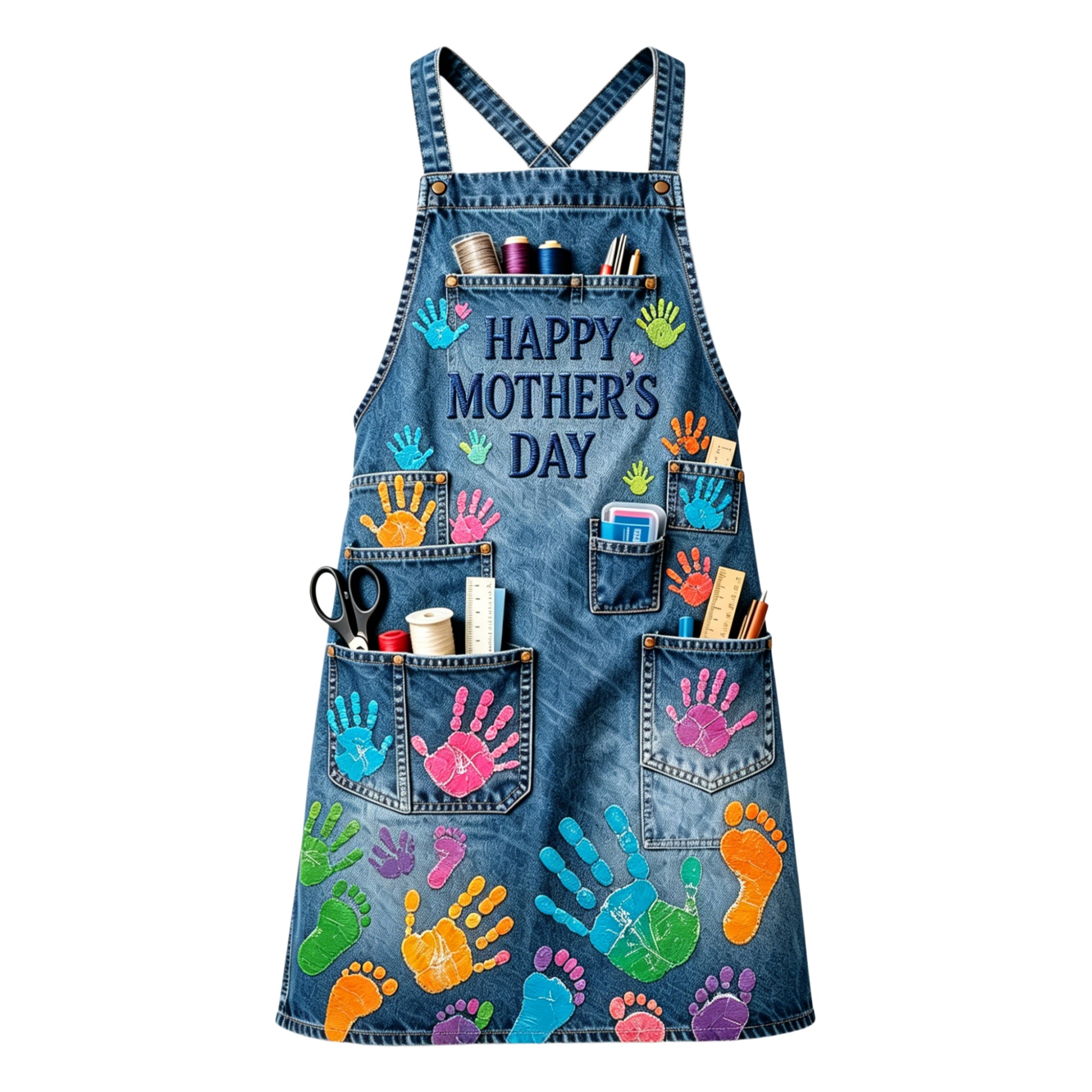 Colorful Handprint & Footprint Mother’s Day Multi-pocket Cross-back Embroidered Apron