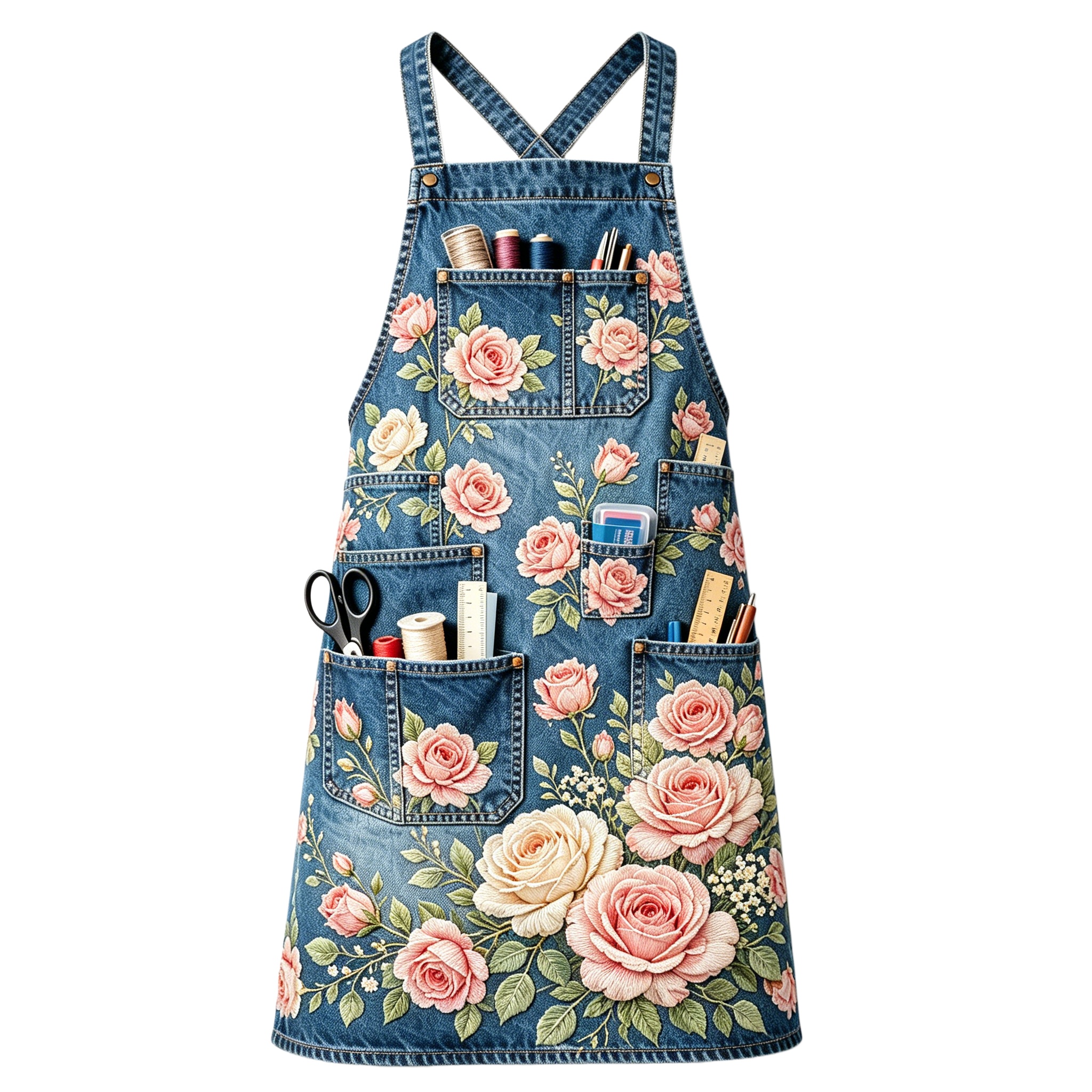 Vintage Blush Rose Garden Multi-pocket Cross-back Embroidered Apron